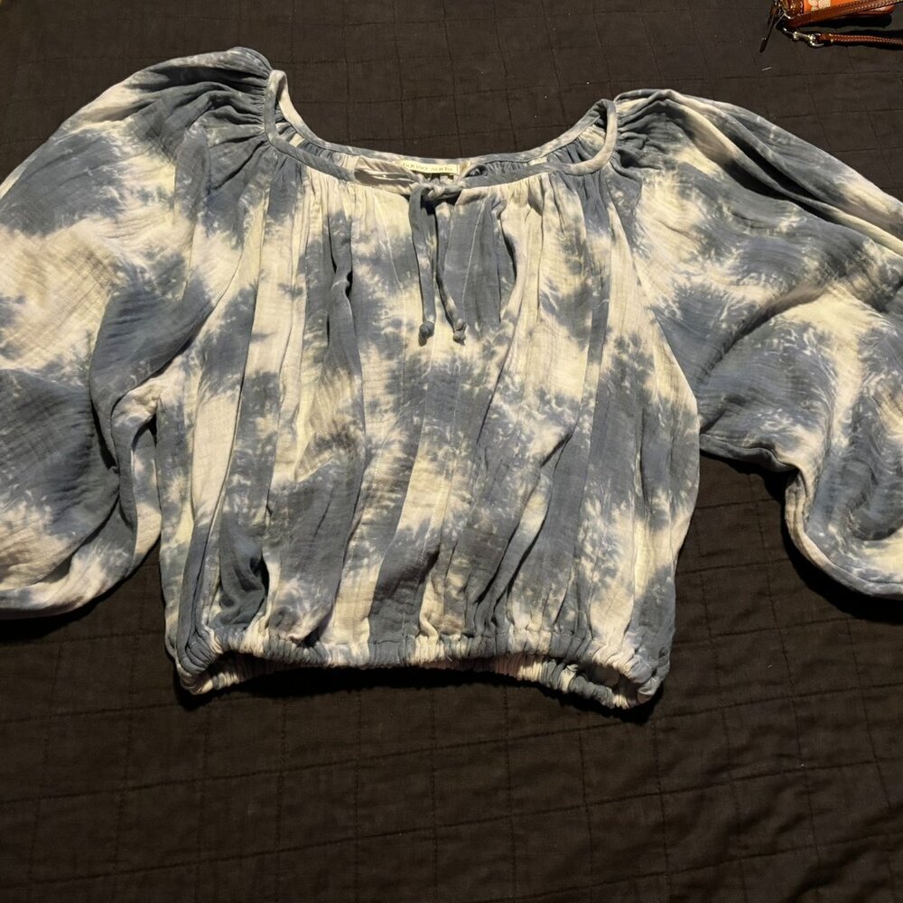 Charina Sarte Blue White‎ Tie Dye Cotton Gauze Puff Sleeve Crop Top Small